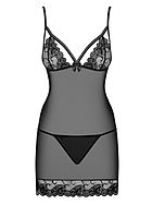 Skin-tight chemise, see-through mesh, straps over bust, lace cups